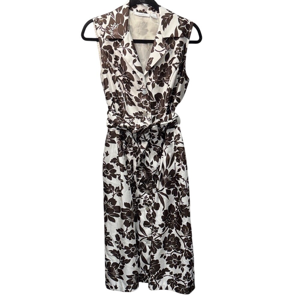Dressbarn‎ Floral Sleeveless Shirt Dress Brown Cream Belted Midi Size 12 - Picture 2 of 8